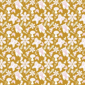 Folk Art Forest Pattern- Cotton Candy Pink and Mustard Yellow