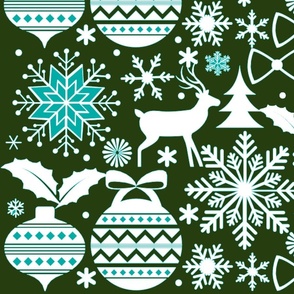 Modern Holiday Toile Forest Green with Teal Accents Large Scale
