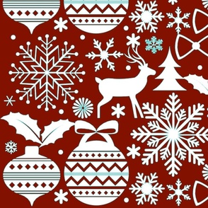 Modern Holiday Toile Dark Red with Teal Accents - Large Scale