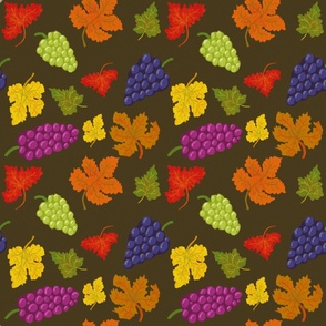 Wine Grapes and Autumn Leaves - Fall Colors on Dark Brown - Large
