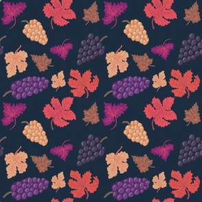 Wine Grapes and Leaves - Fall Colors on Dark Blue - Large