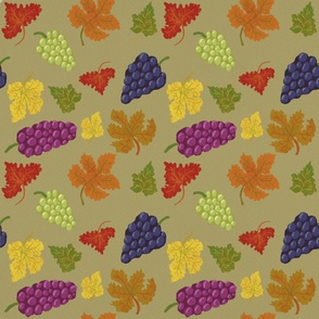 Wine Grapes and Leaves - Fall Colors on Sage Green - Large