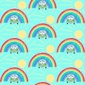 Lime green campervans, rainbows and suns
