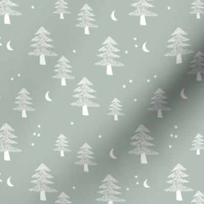 Boho Christmas forest with pine trees moon and stars winter night white on moody mint sage green