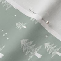 Boho Christmas forest with pine trees moon and stars winter night white on moody mint sage green