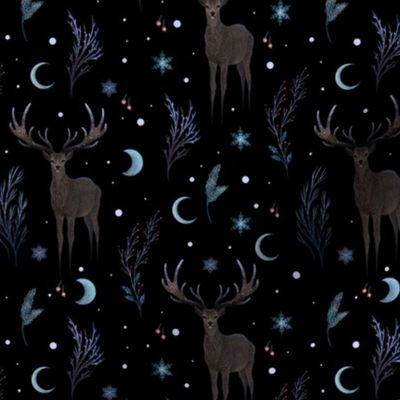 Deer in Winter Night Forest