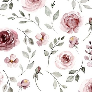 Burgundy Flowers Fabric, Wallpaper and Home Decor