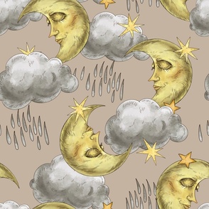 Rain, moon, stars and clouds on a beige