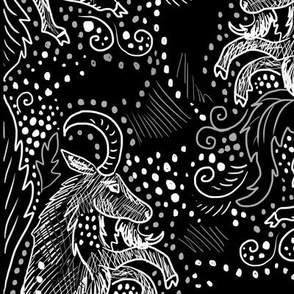 Midnight goat damask brighter black and white