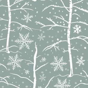 Birch Trees and snow flakes. Eucalyptus grey green. Large