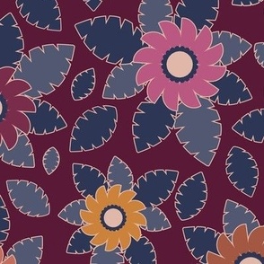 367 - Burgundy, coral and blue large floral - 100 Pattern Project : large scale for wallpaper and duvet covers and bed linen