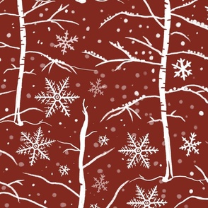 Birch Trees and snow flakes. Red. Large scale