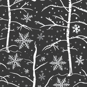 Birch Trees and snow flakes. Charcoal. Large