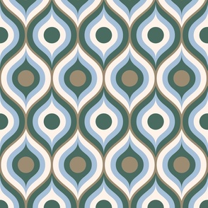 Retro ogee ovals pine green brown sky blue large Wallpaper