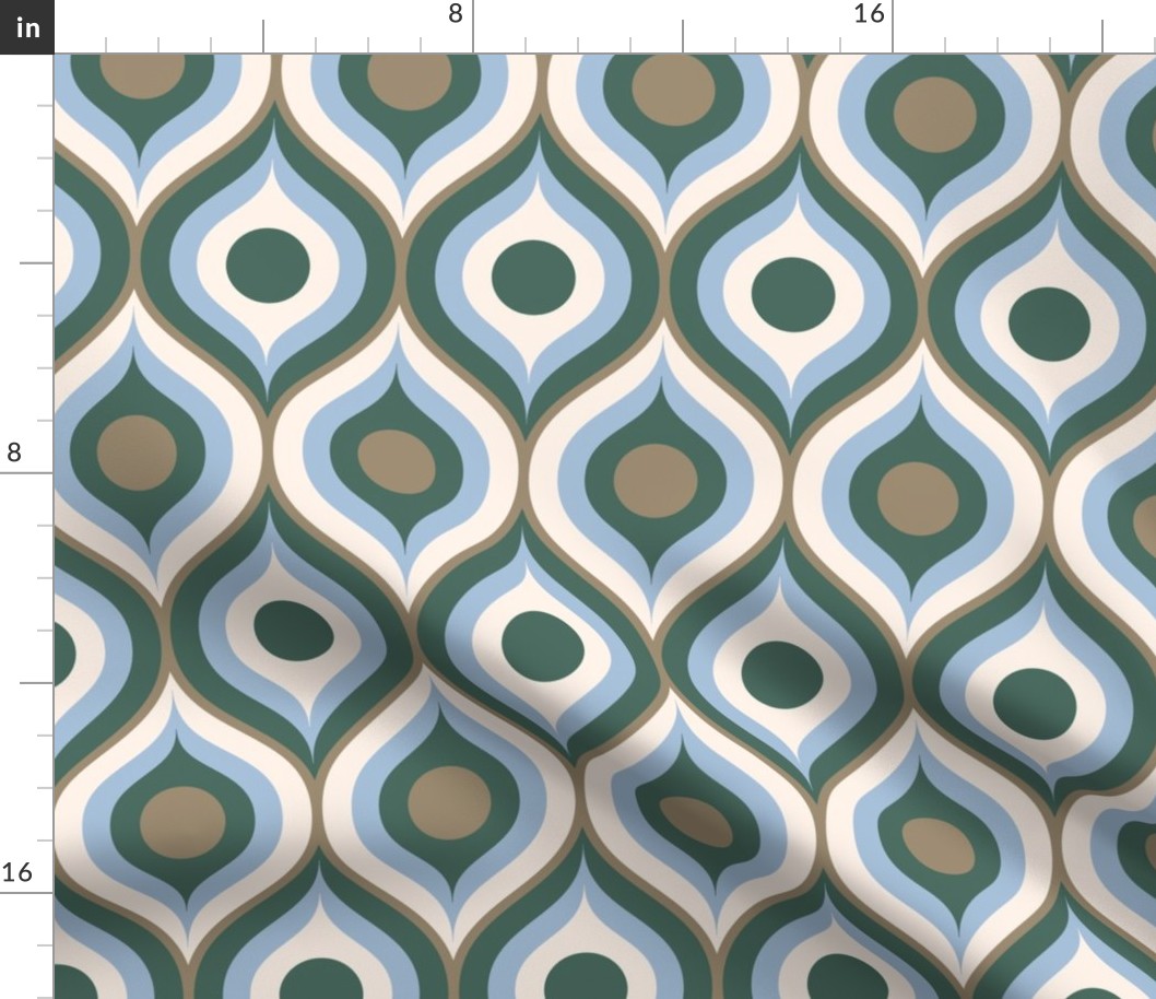 Retro ogee ovals pine green brown sky blue large Wallpaper