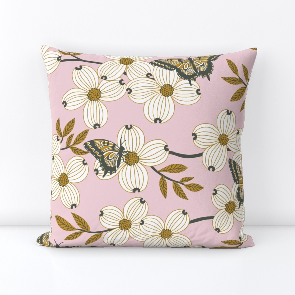 Dogwood blossoms and butterflies on light pink