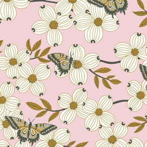 Dogwood blossoms and butterflies on light pink