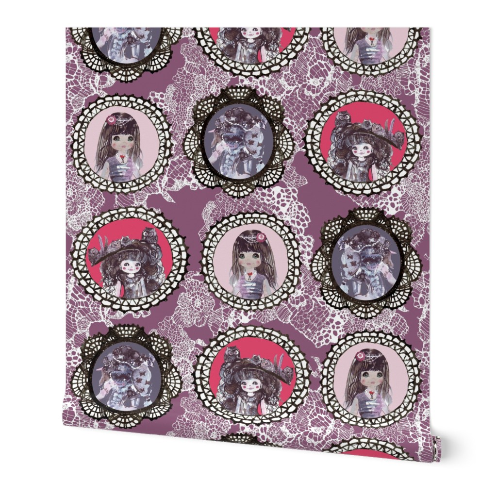 watercolor wonderland girls cameo in purple on lacy background