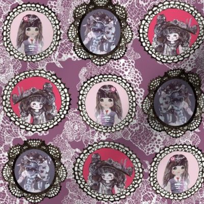 watercolor wonderland girls cameo in purple on lacy background