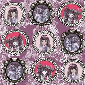 watercolor wonderland girls cameo in purple on lacy background