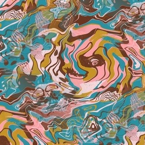 abstract marble swirl lagoon mustard cotton candy, medium large scale, teal green blue yellow gold pink coral brown