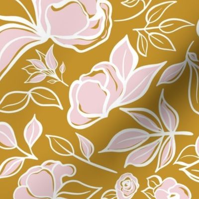 Sketchy Pink Florals on Mustard - Medium