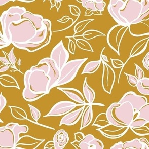 Sketchy Pink Florals on Mustard - Medium