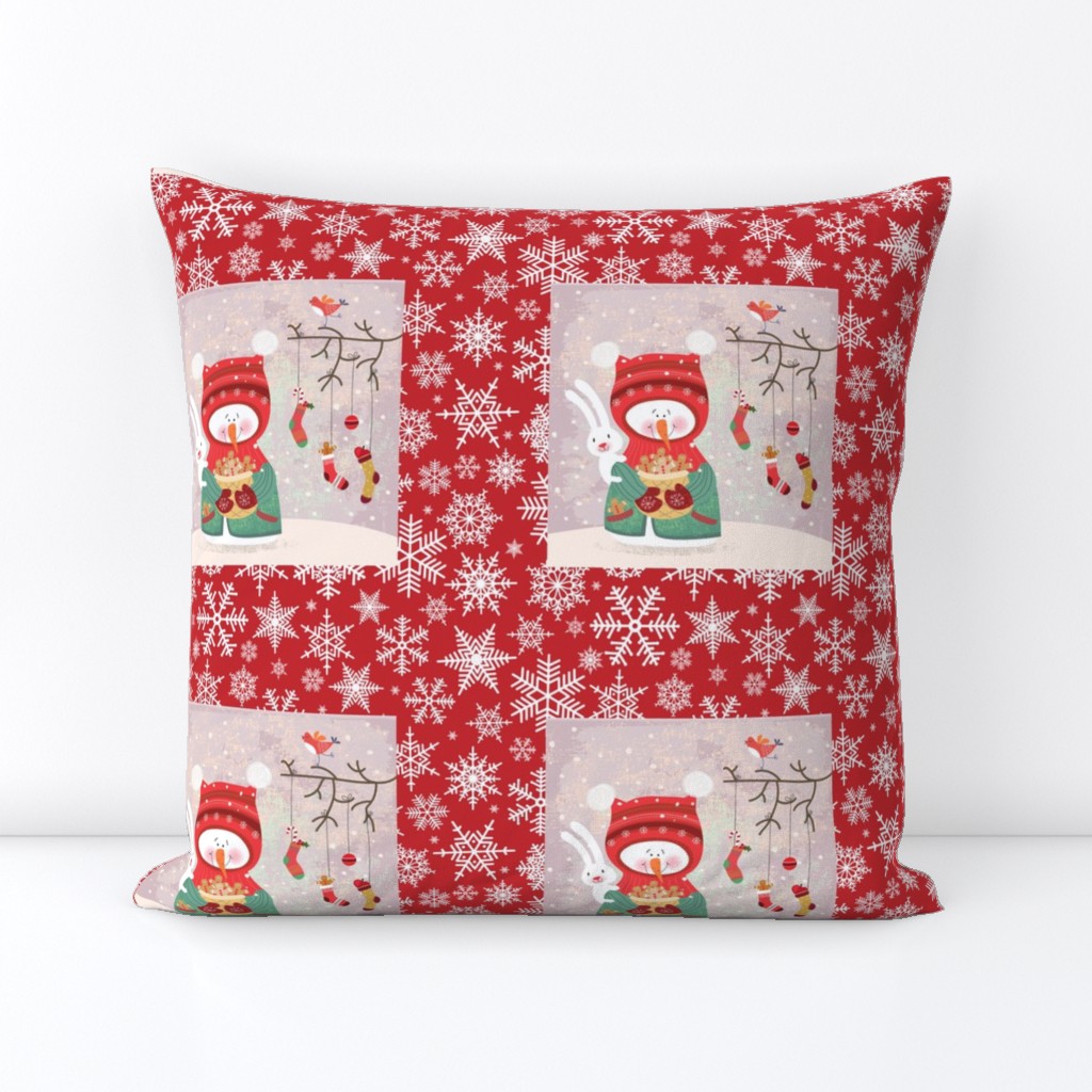 Snow woman quilt blocks with snowflake background