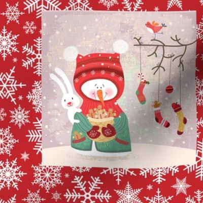 Snow woman quilt blocks with snowflake background