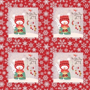 Snow woman quilt blocks with snowflake background