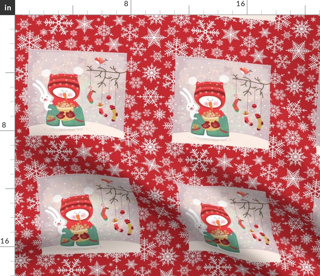 Snow woman quilt blocks with snowflake background