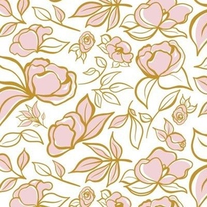 Sketchy Florals Pink & Gold on White - Small