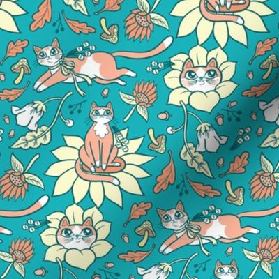 Fall Feline Floral in Teal {small}