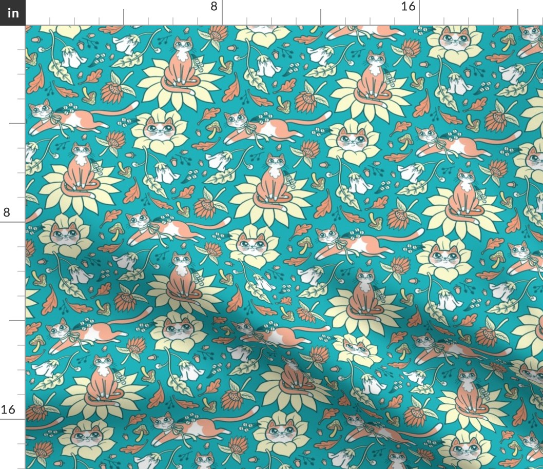 Fall Feline Floral in Teal {small}