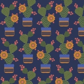 338 - Cactus blooms in a pot - navy blue - 100 Patterns Project:  navy blue: medium scale for home décor items, kids apparel, mid western interiors