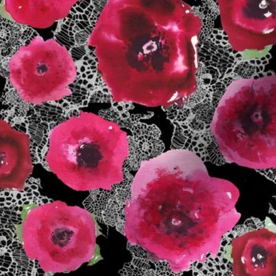 watercolor poppies on black lace