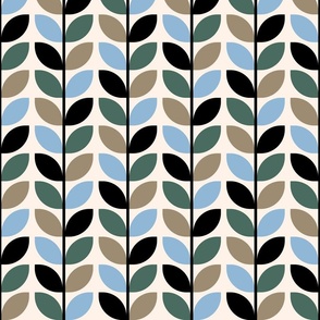Retro mid-century modern leaves rows pine green brown blue