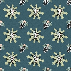 Ilex and pine cones on dark cyan medium