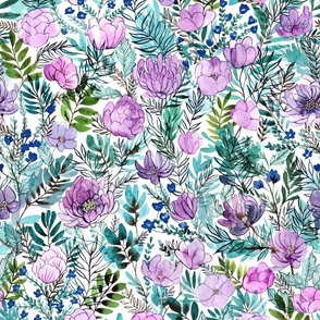 Purple Watercolor Flowers with greenery, foliage
