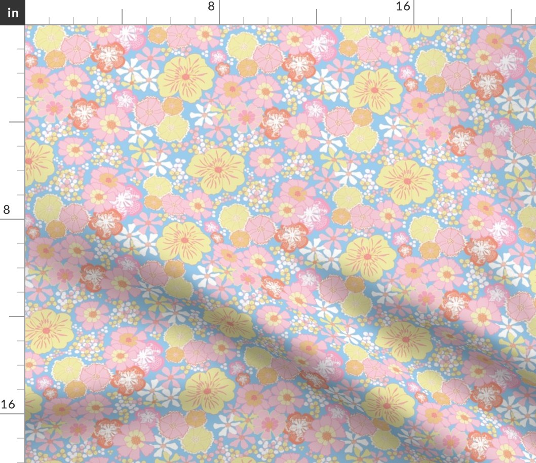 Retro stylised pastel Floral in yellow and pinks