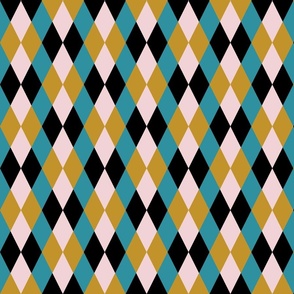 Retro diamonds check teal mustard black Wallpaper