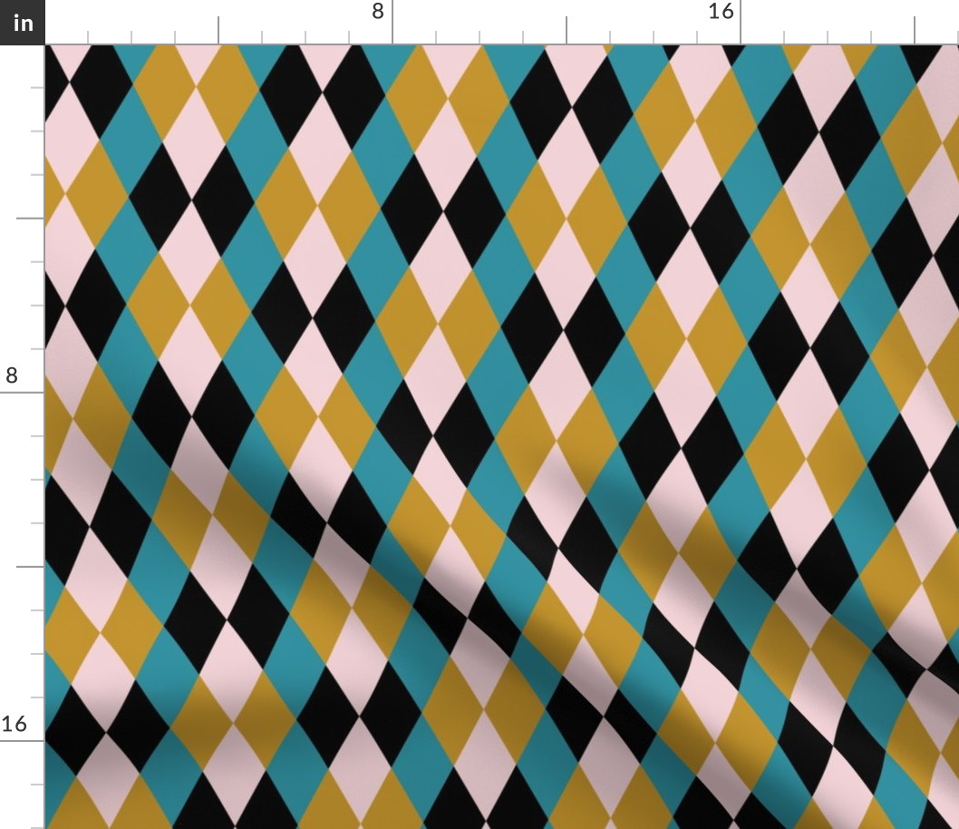 Retro diamonds check teal mustard black Wallpaper