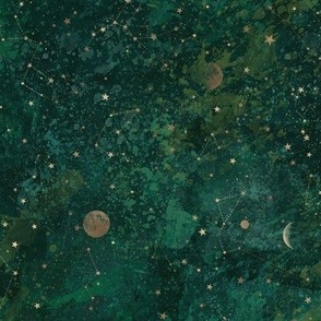 Moon & stars in dark, emerald green, very small