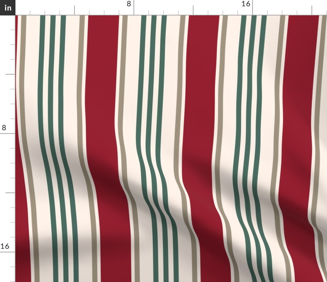 Vintage french ticking stripes red pine green greige cream
