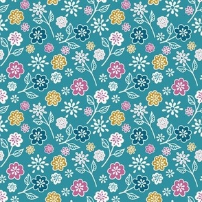 Assorted Flowers Pink Teal on Lagoon