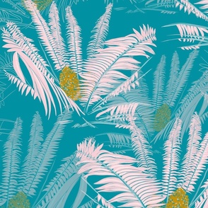 Cycads in a lagoon sea. Mustard with cotton candy. Repeat pattern 
