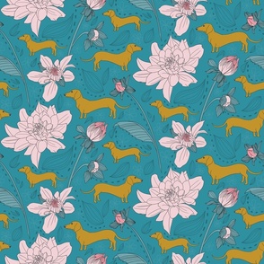 Dachshund Floral  - Teal