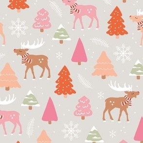 Reindeer woodland and Christmas trees in a winter wonderland boho holidays soft sand beige blush orange and pink for girls
