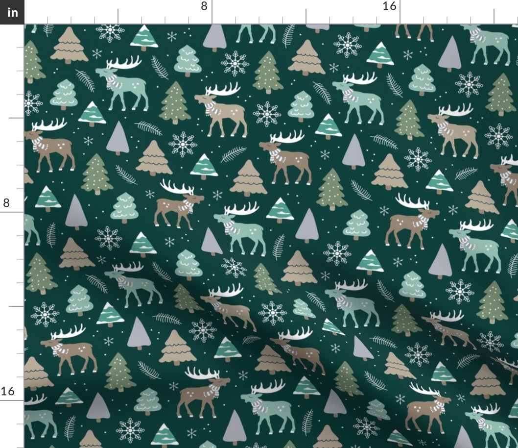 Reindeer woodland and Christmas trees in a winter wonderland boho holidays green blue gray on pine night