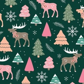 Reindeer woodland and Christmas trees in a winter wonderland boho holidays green pink peach on pine girls night